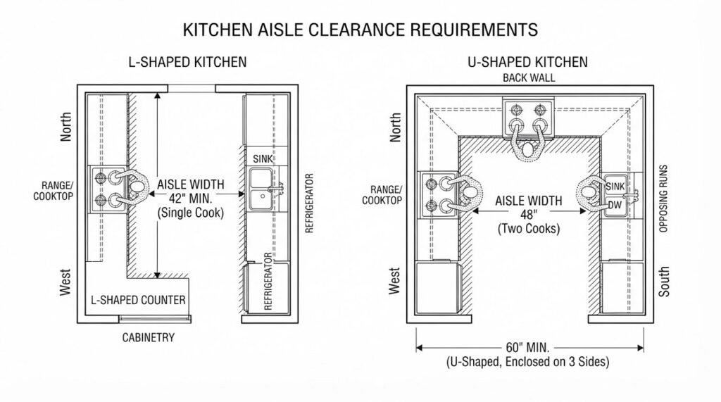 Diagram showing aisle clearance measurements for L-shaped and U-shaped kitchen layouts