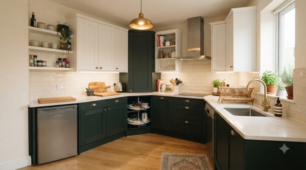 L-shaped kitchen in a 5x5 room with counters along two adjacent walls and a corner carousel cabinet
