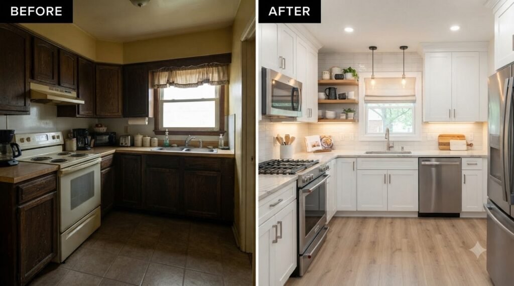 Before and after comparison of a 10x10 L-shaped kitchen renovation showing transformation