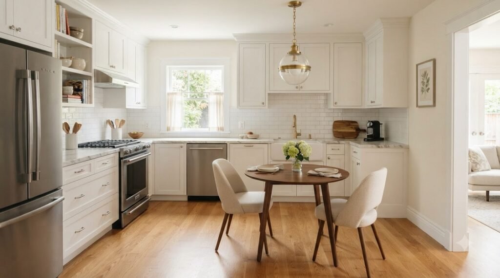 L-shaped kitchen layout in a 10x10 room with open floor space and small dining table