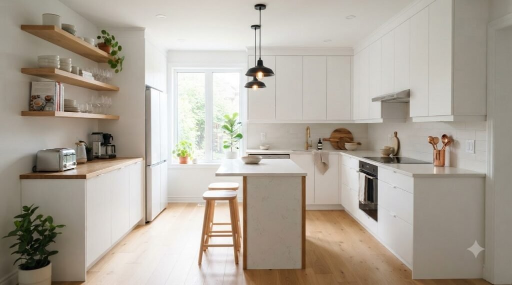L-shaped kitchen with a narrow island in a 10x10 room showing clear walkways
