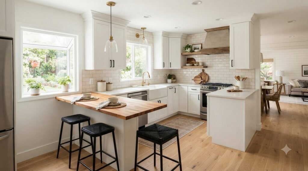 L-shaped kitchen with a peninsula and bar seating in a 10x10 room