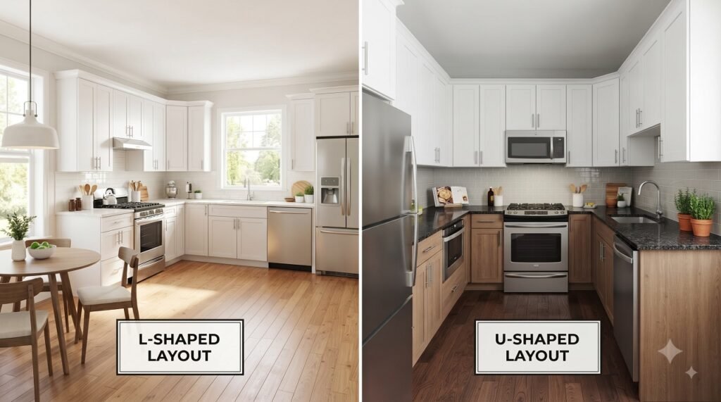 Side-by-side comparison of L-shaped and U-shaped kitchen layouts for a 10x10 room