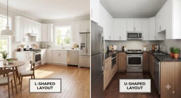 Side-by-side comparison of L-shaped and U-shaped kitchen layouts for a 10x10 room