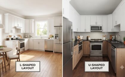Side-by-side comparison of L-shaped and U-shaped kitchen layouts for a 10x10 room