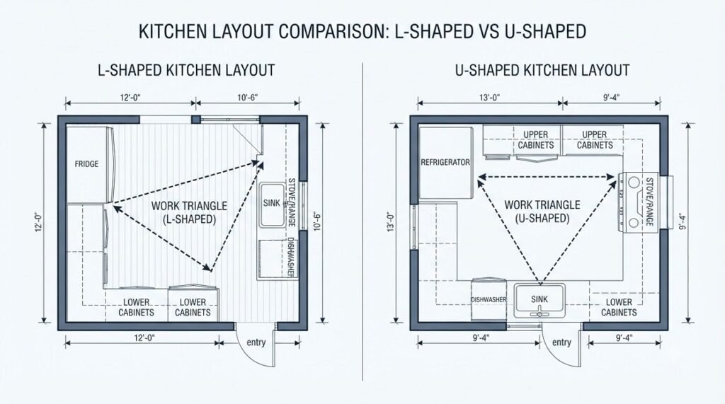 Comparison diagram of work triangle in L-shaped and U-shaped kitchen layouts