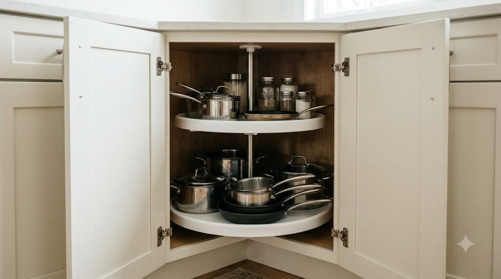 Two-tier Lazy Susan rotating inside a true corner kitchen cabinet with pots and pans