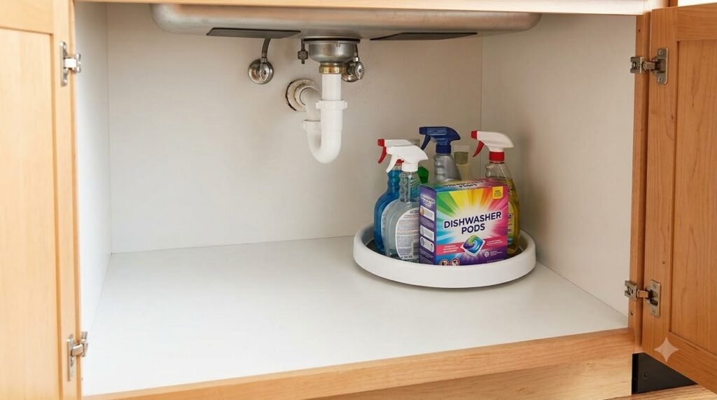 White Lazy Susan turntable under a kitchen sink organizing small cleaning bottles and pods