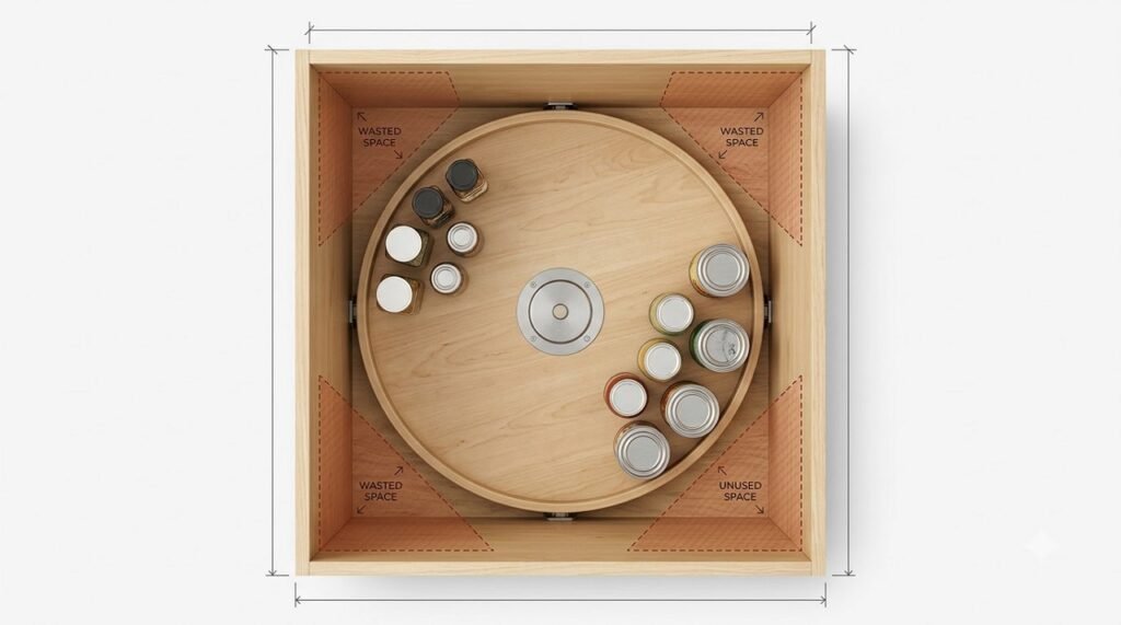 Top-down view showing wasted corner space around a circular Lazy Susan tray in a square cabinet