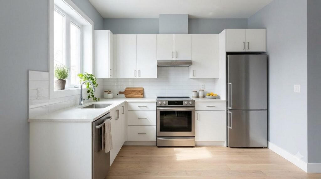 Modern small kitchen with light cool gray walls and stainless steel appliances for a crisp, airy look
