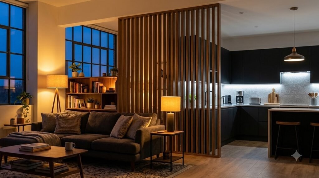 Warm and cool lighting zones reinforcing the divide between kitchen and living area in a studio apartment