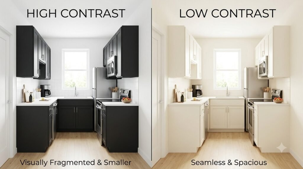 Illustration comparing high-contrast and low-contrast kitchen paint schemes and how they affect perceived space