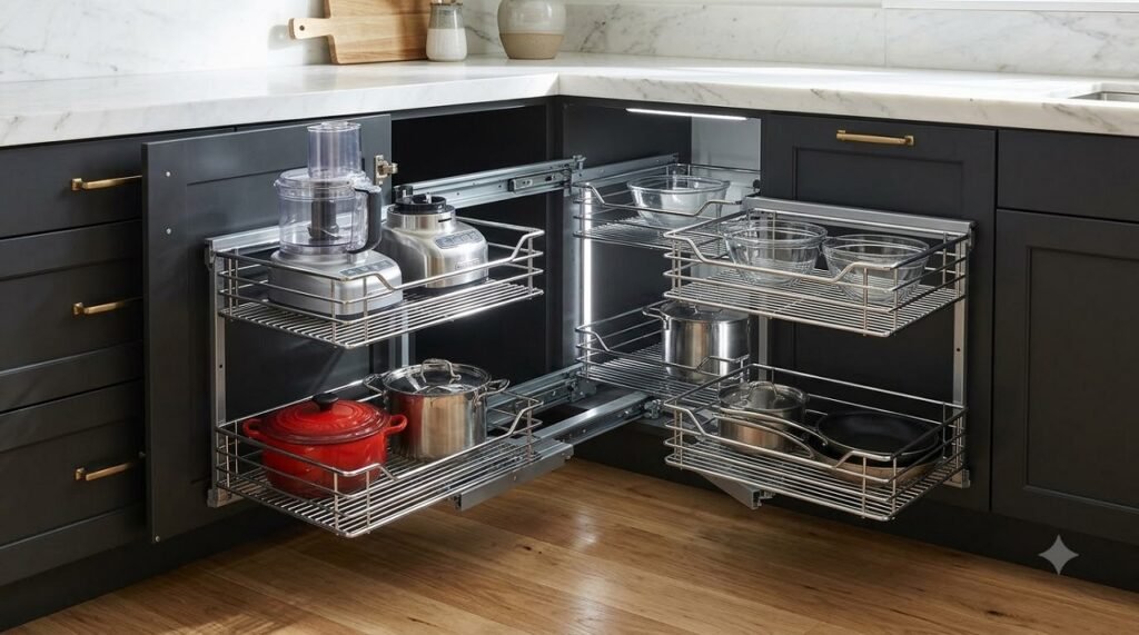 Premium Magic Corner system fully extended from a blind corner cabinet with tiered wire baskets