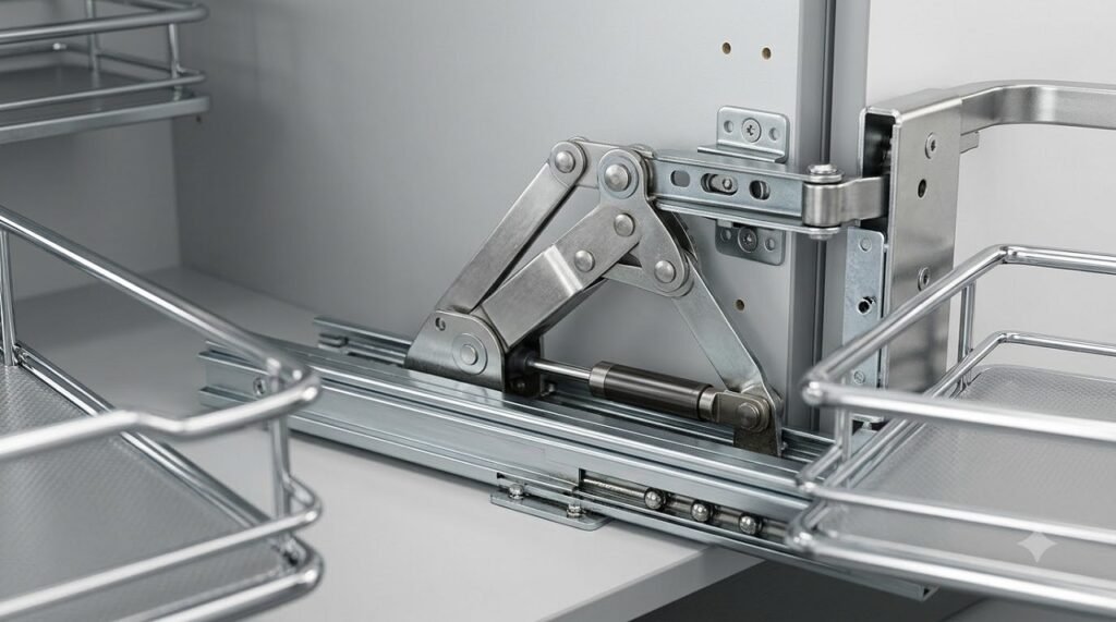 Close-up of the articulating hinge and soft-close mechanism of a Magic Corner cabinet pull-out