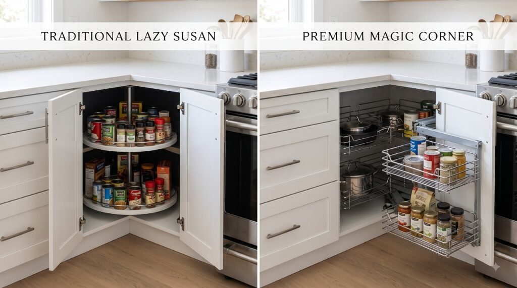 Side-by-side comparison of a Lazy Susan and Magic Corner in kitchen corner cabinets