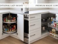 Side-by-side comparison of a Lazy Susan and Magic Corner in kitchen corner cabinets