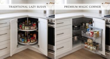 Side-by-side comparison of a Lazy Susan and Magic Corner in kitchen corner cabinets
