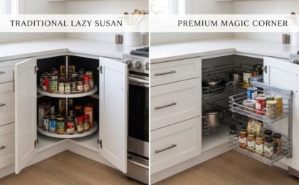 Side-by-side comparison of a Lazy Susan and Magic Corner in kitchen corner cabinets