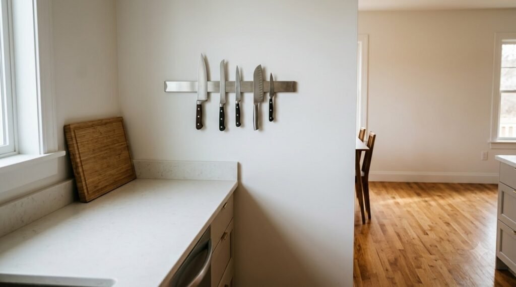 Magnetic knife strip mounted on a kitchen wall holding five knives with blades facing the wall