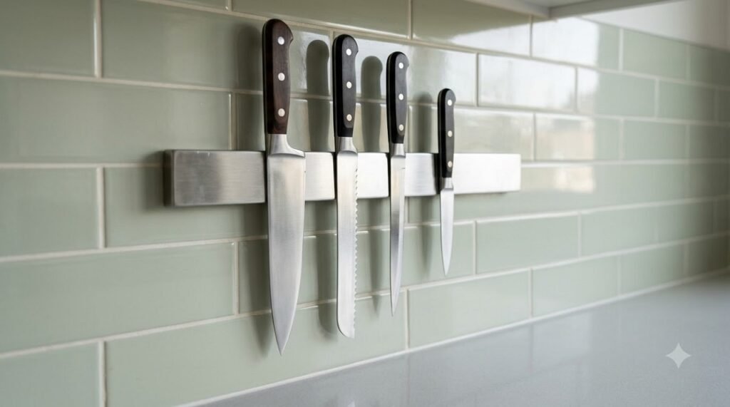 Magnetic knife strip mounted on a kitchen backsplash freeing up counter space by removing the knife block