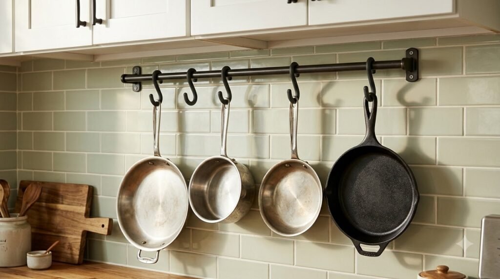 Magnetic pot holder rail with rubber-coated hooks holding pans and a cast iron skillet