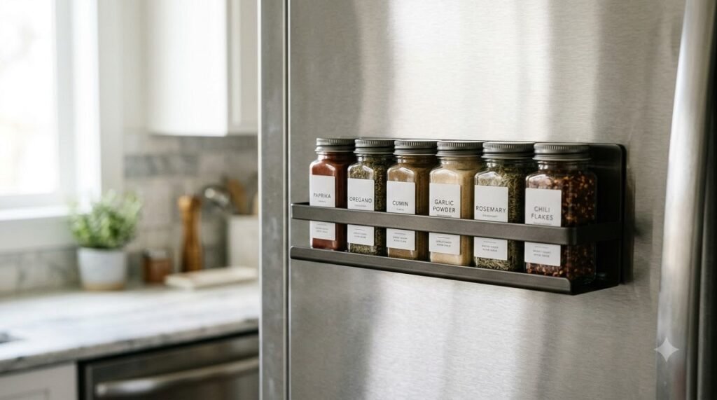 Magnetic spice rack mounted on the side of a refrigerator holding labeled glass jars for vertical kitchen storage