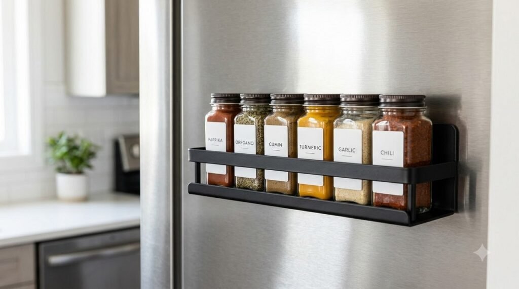 Magnetic spice rack attached to the side of a refrigerator holding labeled glass jars