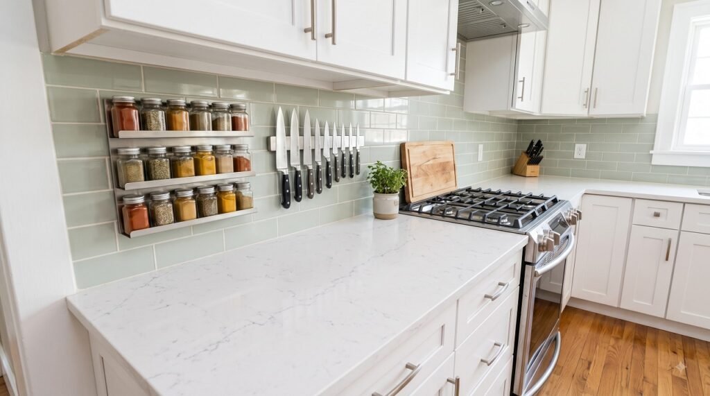 Small kitchen with magnetic spice rack and magnetic knife strip on the wall freeing up counter space