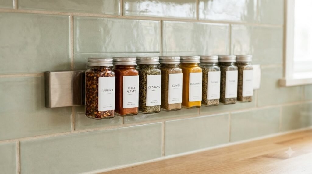 Magnetic spice strip mounted on a kitchen backsplash holding matching glass spice jars