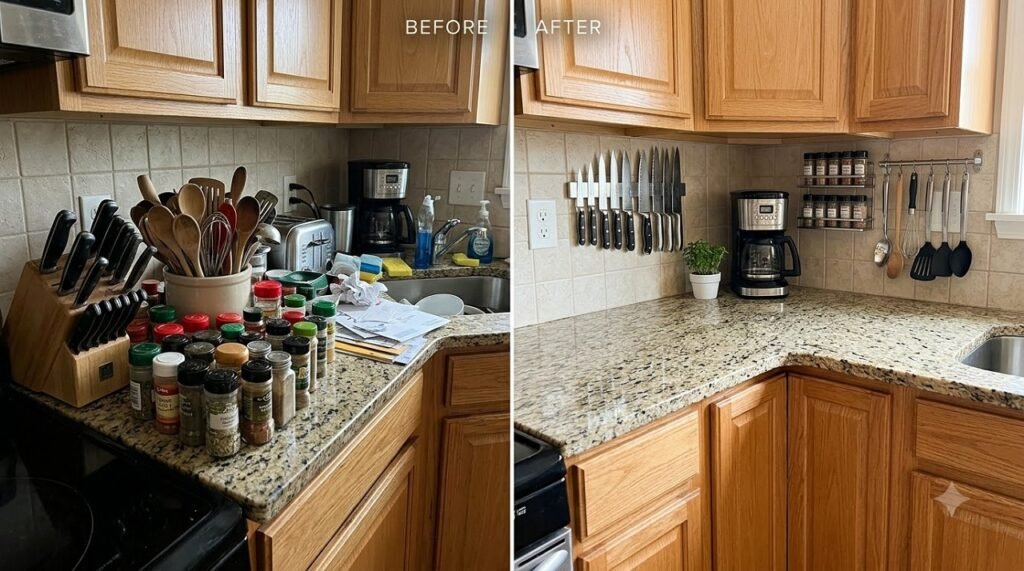 Before and after comparison of a small kitchen with magnetic wall storage freeing up counter space