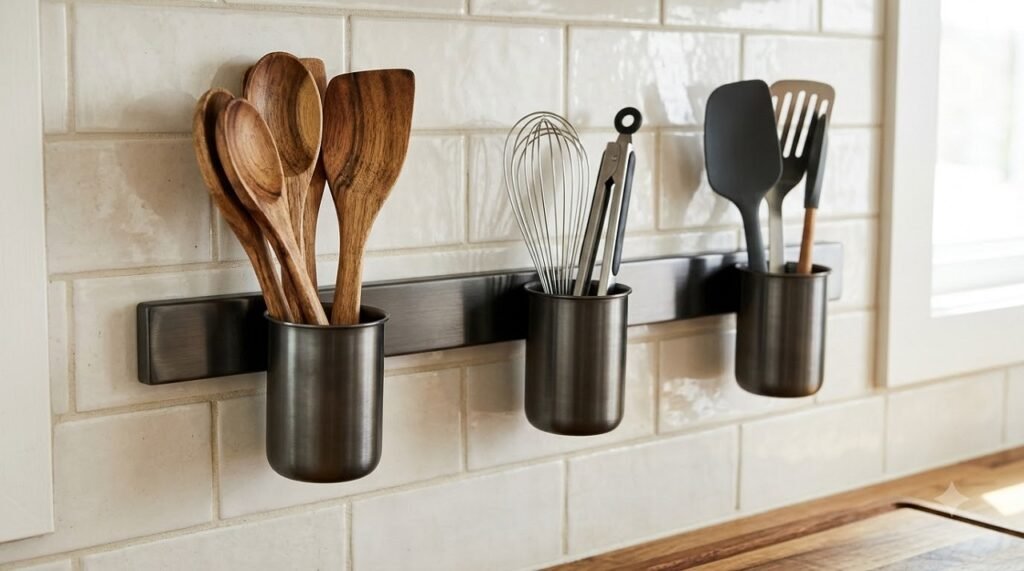 Magnetic utensil holder on a kitchen wall holding spatulas, spoons, and a whisk in cups
