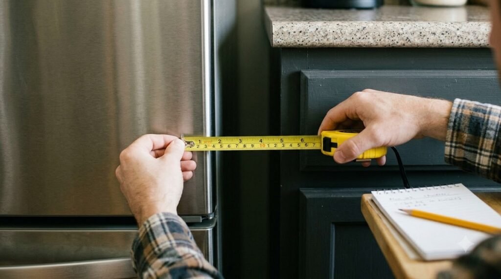 Hands measuring the exact width of a 12-inch gap for a custom pull-out pantry