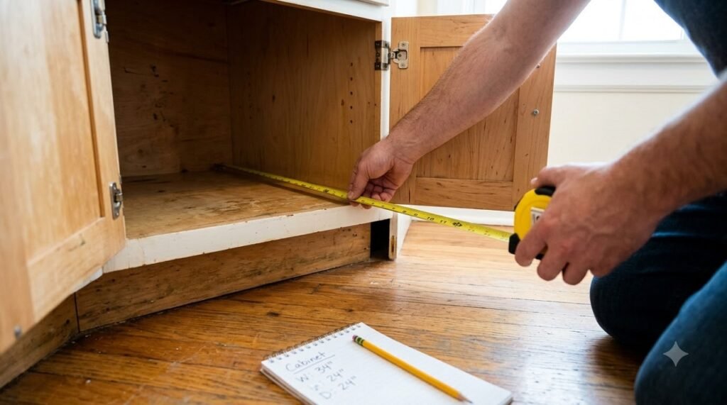 Hands measuring the interior dimensions of a corner kitchen cabinet before buying an organizer