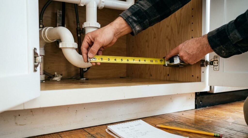 Hands measuring the gap between the P-trap and the cabinet wall to choose an under-sink organizer