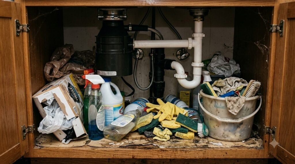 Messy, cluttered under-sink cabinet with bottles and trash bags piled around the P-trap and garbage disposal