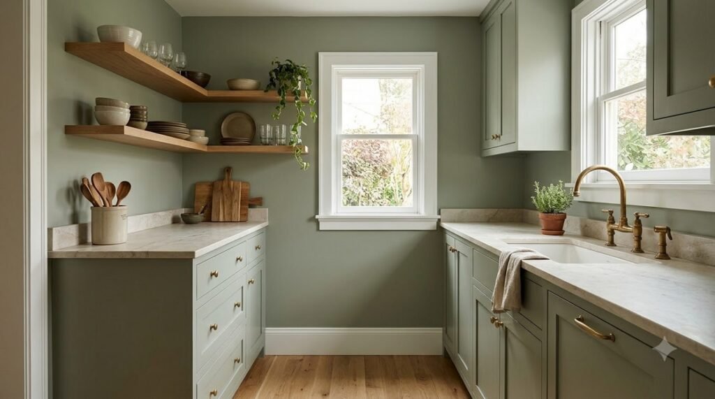 Small kitchen with muted sage green walls and white trim for a low-contrast, breathable feel