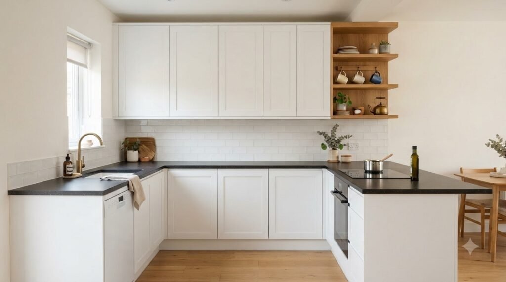 Open shelving used as an accent at the end of a cabinet run in a small kitchen