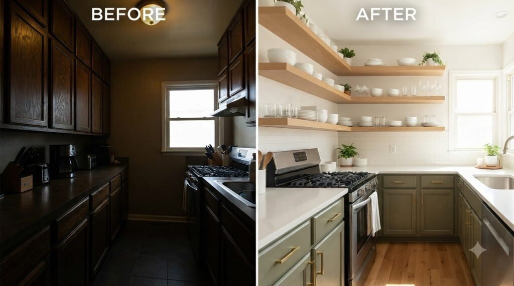 Before and after comparison of a small kitchen showing upper cabinets replaced with open shelving