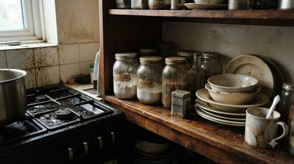 Open kitchen shelving near a stove showing dust and grease accumulation on dishes and jars