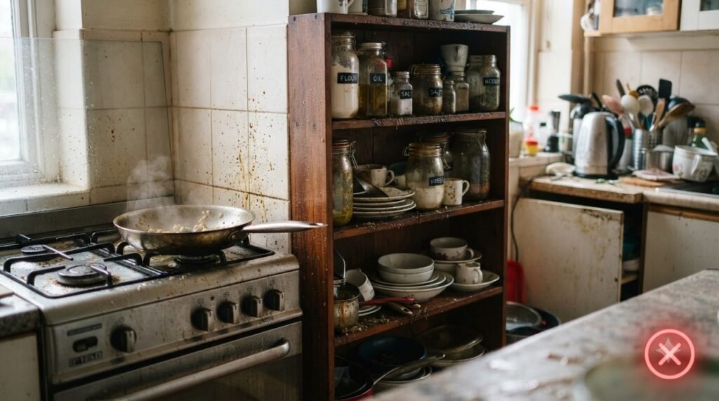 Open shelving placed near a stove showing grease accumulation as a warning against this placement