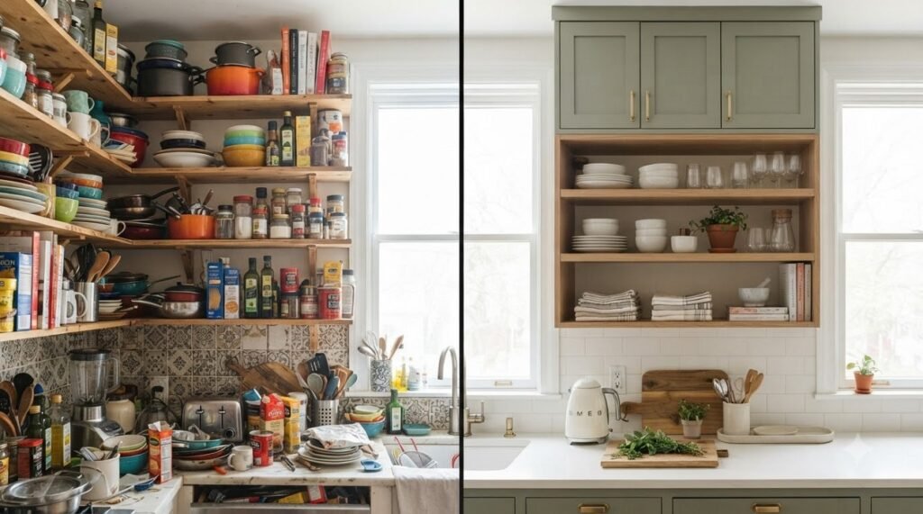 Comparison showing how balanced kitchen storage looks more functional than open shelving everywhere
