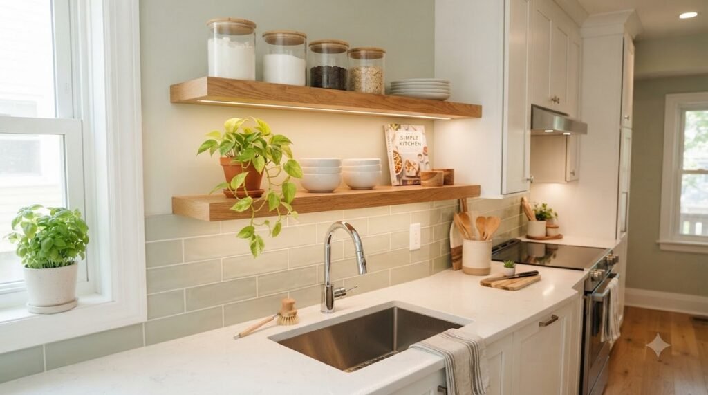 Open shelving in a small kitchen with styled wooden shelves and under-shelf lighting creating an airy feel