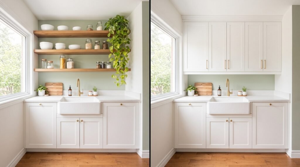 Side-by-side comparison of open shelving and upper cabinets in a small kitchen