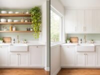 Side-by-side comparison of open shelving and upper cabinets in a small kitchen