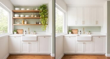 Side-by-side comparison of open shelving and upper cabinets in a small kitchen