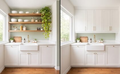 Side-by-side comparison of open shelving and upper cabinets in a small kitchen
