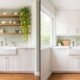 Side-by-side comparison of open shelving and upper cabinets in a small kitchen