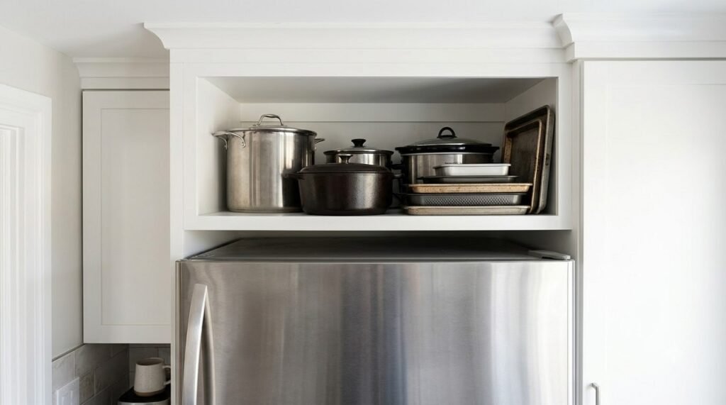 Shelf above a refrigerator storing large pots and appliances to free up cabinet space