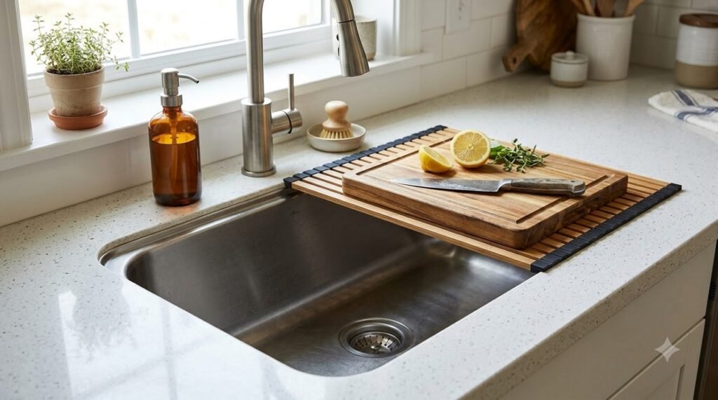 Roll-up over-the-sink cutting board adding prep space without using counter surface