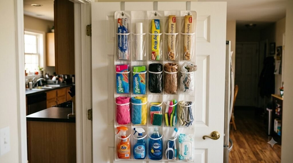 Over-the-door organizer on a kitchen door holding wraps and cleaning supplies